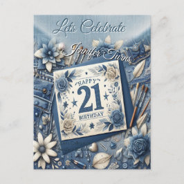 Cartão Postal aniversário de 21 anos Almond floresce creme azul