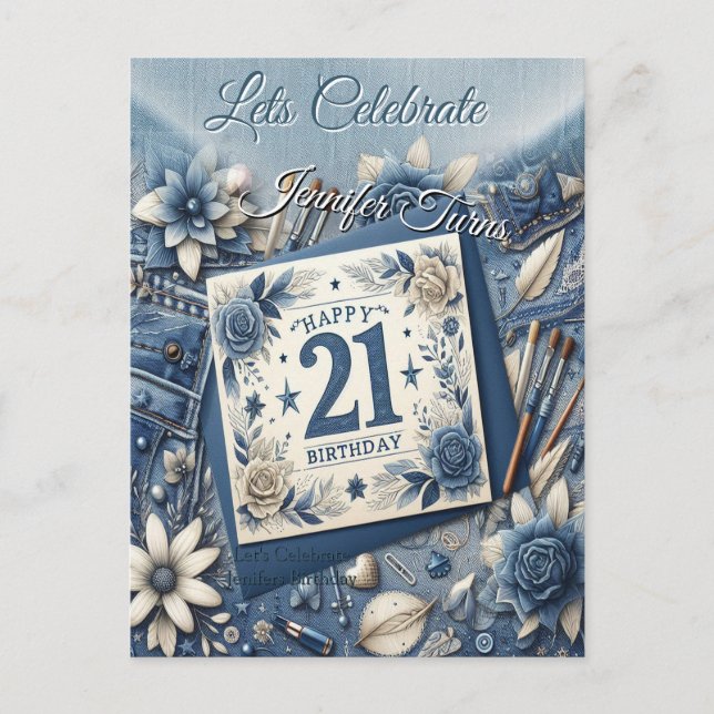 Cartão Postal aniversário de 21 anos Almond floresce creme azul (Frente)