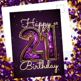 Cartão Postal Aniversário de 21 anos Brilhante Glamour Roxo e Do