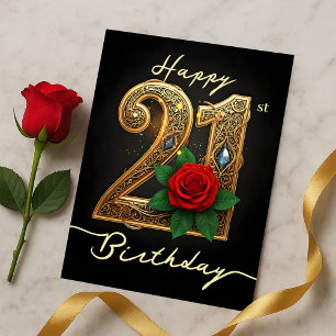 Cartão Postal Aniversário de 21 anos Glamouroso Rosa Vermelha Or