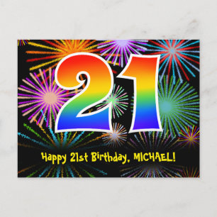 Cartão Postal Aniversário de 21 anos – Padrão Divertido de Fogos