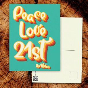 Cartão Postal Aniversário de 21 anos Peace Love Retro Groovy Pôr