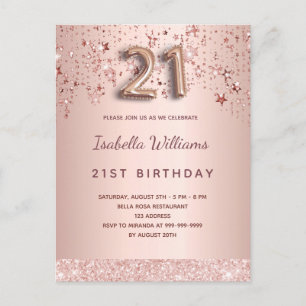 Cartão Postal aniversário de 21 anos rosa dourado - estrelas do 