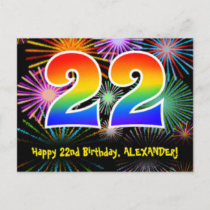 Cartão Postal Aniversário de 22 anos – Padrão Divertido de Fogos