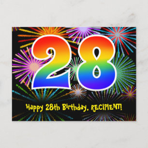 Cartão Postal Aniversário de 28 anos – Padrão Divertido de Fogos