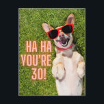 Cartão Postal Aniversário de 30 anos de Cachorro Rindo<br><div class="desc">Design de aniversário de um marco divertido mostra foto de riso do cachorro Corgi com óculos de sol e "Ha Ha,  você tem 30 anos"</div>