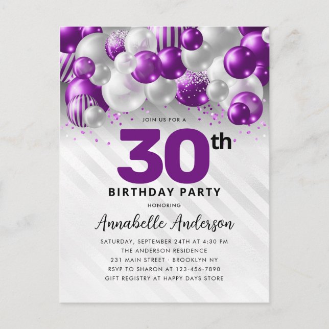 Cartão Postal Aniversário de 30 anos do balão de prata roxo Glam (Frente)