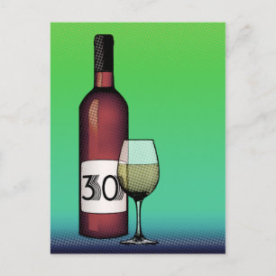 Cartão Postal aniversário de 30 anos: garrafa de vinho e copo