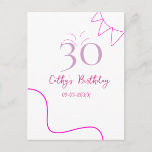 CARTÃO POSTAL ANIVERSÁRIO DE 30 ANOS PINK ROXO PASTEL DESENHADO 