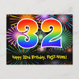 Cartão Postal Aniversário de 32 anos – Padrão Divertido de Fogos