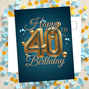 Cartão Postal Aniversário de 40 anos de Balões Dourados e Azul-C