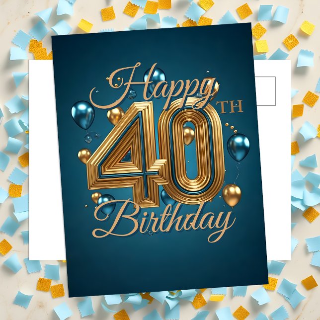 Cartão Postal Aniversário de 40 anos de Balões Dourados e Azul-C (Criador carregado)