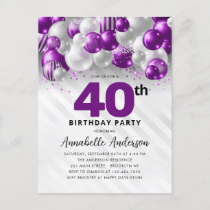 Cartão Postal Aniversário de 40 anos do balão de prata roxo Glam