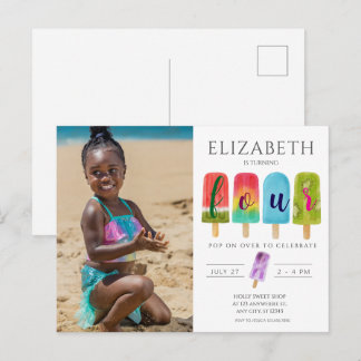 Cartão Postal Aniversário de 4 anos da menina, festa de verão co