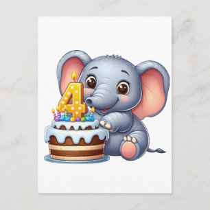 Cartão Postal Aniversário de 4 anos do Elefante Fofo