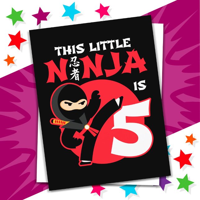Cartão Postal Aniversário de 5 anos Festa de Crianças Ninja Pequ (Criador carregado)