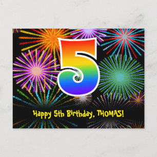 Cartão Postal Aniversário de 5 anos – Padrão Divertido de Fogos 