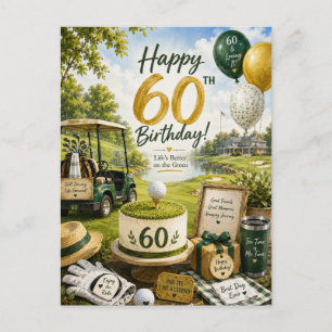 Cartão Postal Aniversário de 60 anos de golfe com carrinho de go