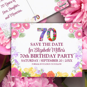 Cartão Postal Aniversário de 70 anos Floral Elegante Salve a Dat