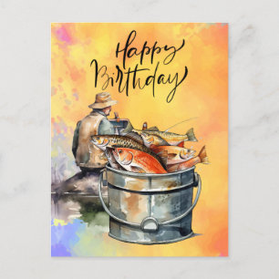 Cartão Postal Aniversário de amantes de pesca com aquarela de pe