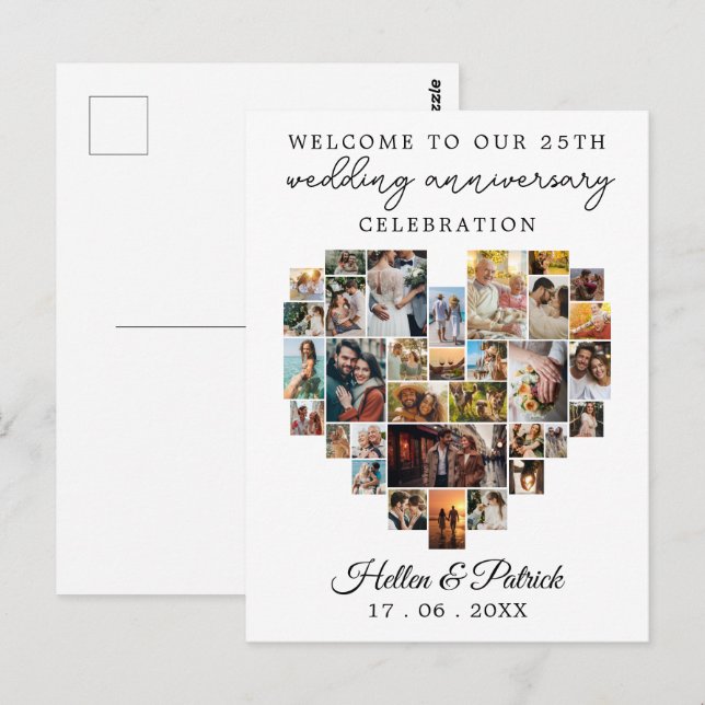 Cartão Postal Aniversário de Casamento Coração Colagem de Fotos  (Frente/Verso)