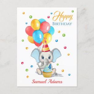 Cartão Postal Aniversário de criança de Cartoon Elefante Colorid