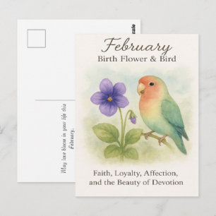 Cartão Postal Aniversário de Fevereiro Pássaro de Amor Floral Cr