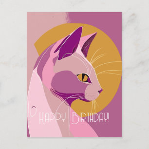 Cartão Postal Aniversário de Gato Elegante Roxo