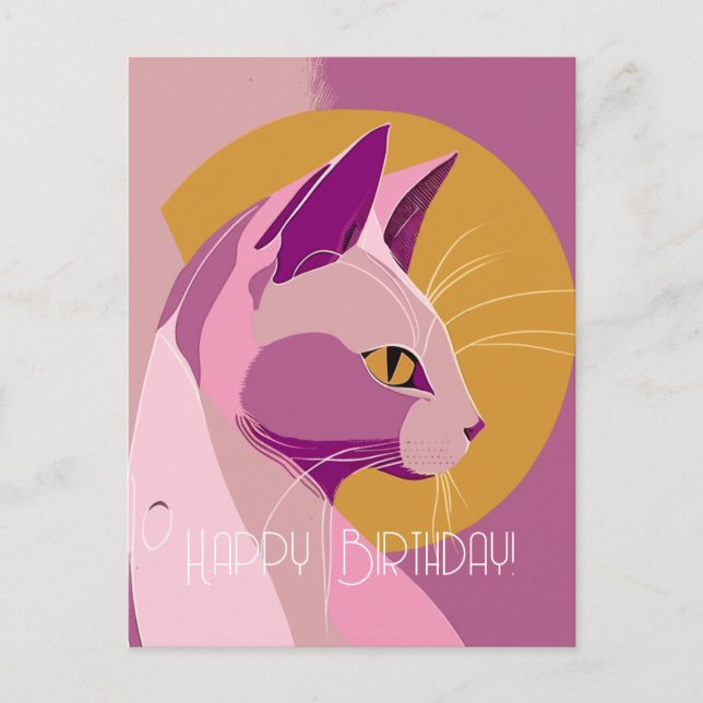 Cartão Postal Aniversário de Gato Elegante Roxo (Frente)