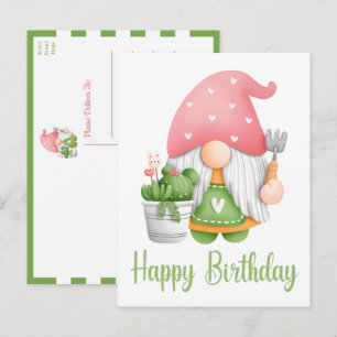 Cartão Postal Aniversário de Gnome de Cartum em Aquarela Rosa Ve