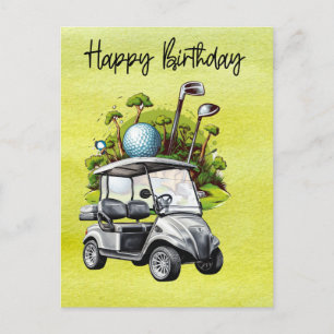 Cartão Postal Aniversário de golfe com carrinho de golfe aquar