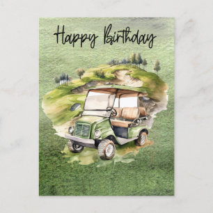 Cartão Postal Aniversário de golfe com carrinho de golfe   aquar