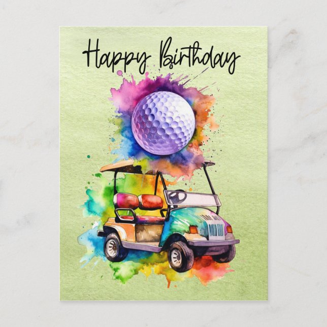 Cartão Postal Aniversário de Golfe com carrinho de golfe   aquar (Frente)