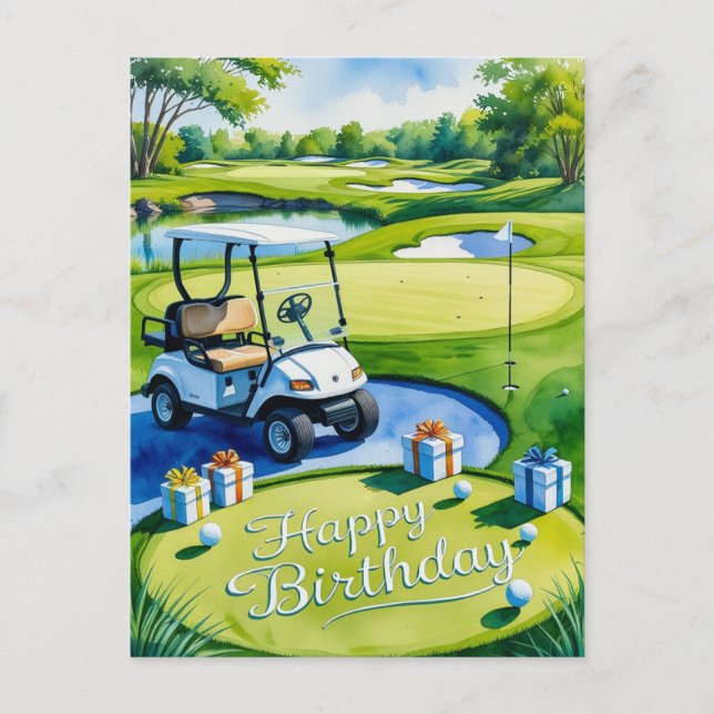 Cartão Postal Aniversário de Golfe com carrinho de golfe para go (Frente)