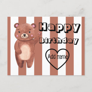Cartão Postal Aniversário de listras de urso fofo personalizado