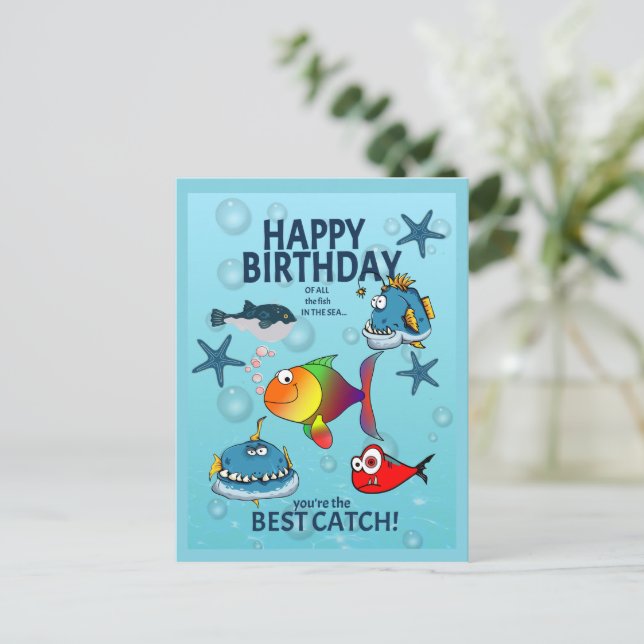Cartão Postal Aniversário de Peixe Divertido (Em pé/Frente)