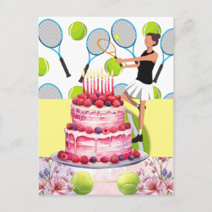 Cartão Postal Aniversário de Ténis com jogadora e flor
