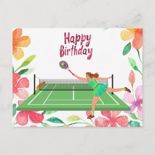 Cartão Postal Aniversário de Tênis com jogadora e flor