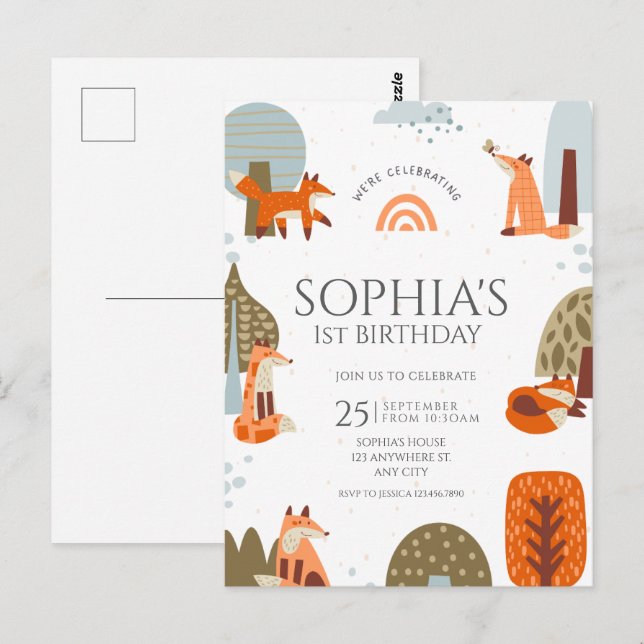 Cartão Postal Aniversário de um ano Floresta de raposa ilustrada (Frente/Verso)