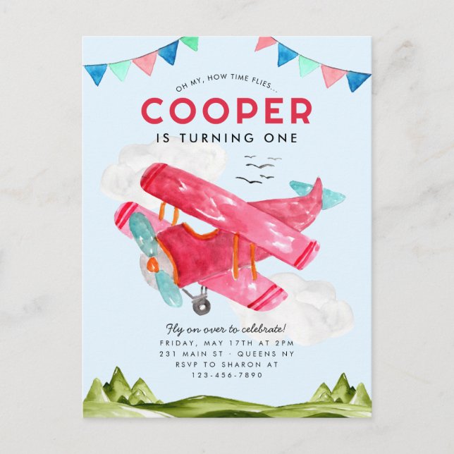 Cartão Postal Aniversário do Avião Vermelho Céu Caviado Cáutico  (Frente)