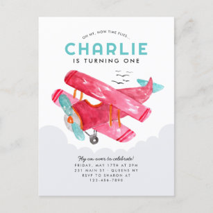 Cartão Postal Aniversário do Avião Vermelho com Aquarela Célula 