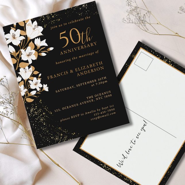 Cartão Postal Aniversário do Casamento Dourado Floral 50º (Criador carregado)