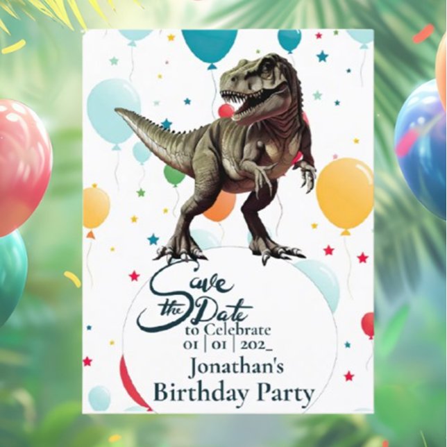 Cartão Postal Aniversário do Dinossauro T-rex Salve a data  (Throw the ultimate Jurassic dinosaur birthday bash with T-Rex themes!)