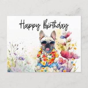 Cartão Postal Aniversário do French Bulldog no Campo de Flores