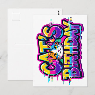 Cartão Postal Aniversário do Gato Efeito Glitch Arco-Íris