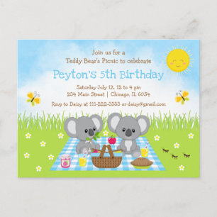 Cartão Postal Aniversário do Picnic Blue Gingham de Koala Bear