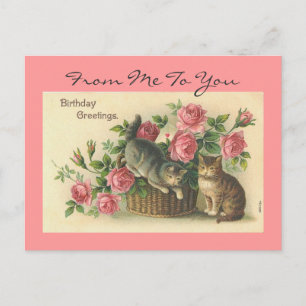 Cartão Postal Aniversário do Vintage Pink Roses/Gatos