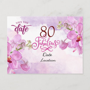 Cartão Postal Aniversário fabuloso 80 com flor de orquídea roxa 