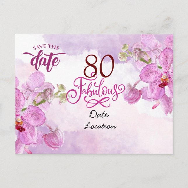 Cartão Postal Aniversário fabuloso 80 com flor de orquídea roxa  (Frente)