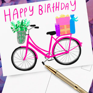 Cartão Postal ANIVERSÁRIO FELIZ Bicicleta Rosa Fofa Personalizad
